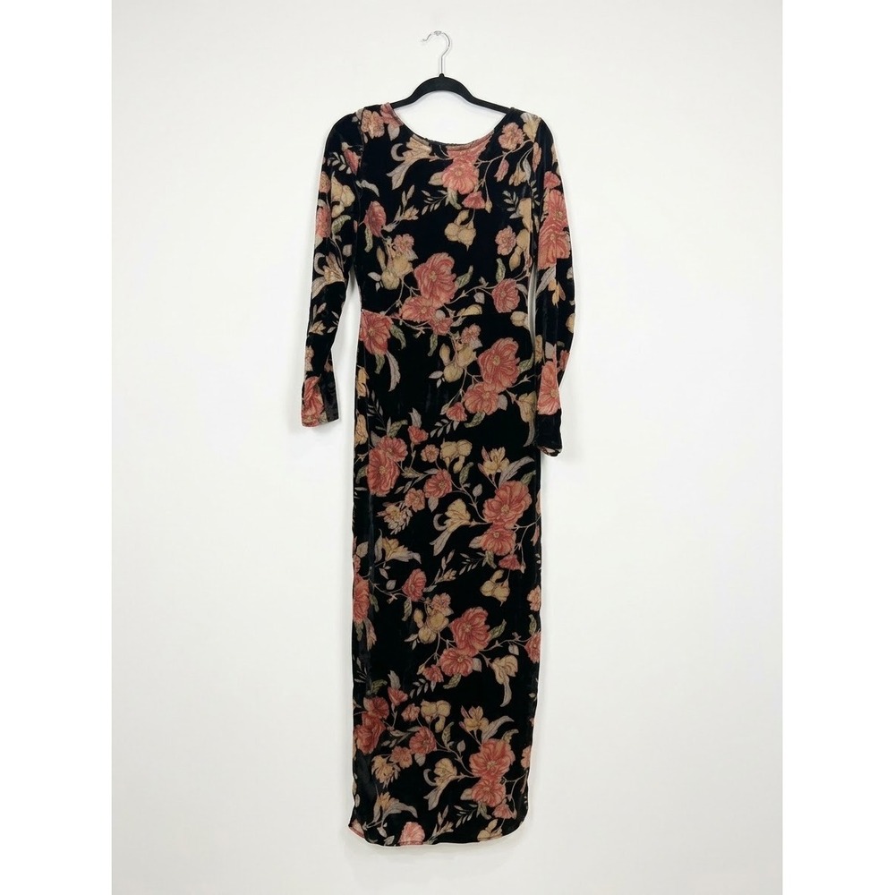Lulus Black Floral Velvet Maxi Dress Long Sleeve Open Back NWT Medium